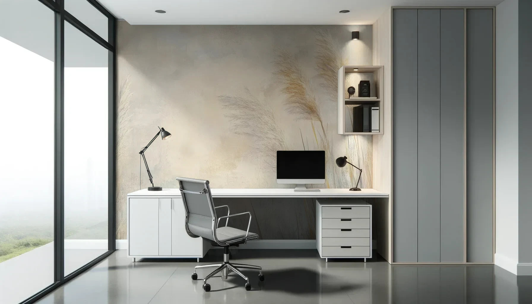 Fototapeta LUMINOUS BREEZE - tapeta z jasnymi źdźbłami trawy na pastelowym tle pokazana w aranżacji biura.