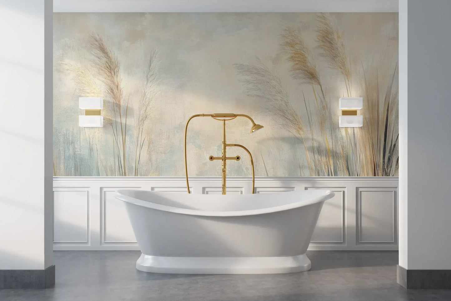 Wzór fototapety LUMINOUS BREEZE - tapeta z jasnymi źdźbłami trawy na pastelowym tle pokazanej w aranżacji łazienki.