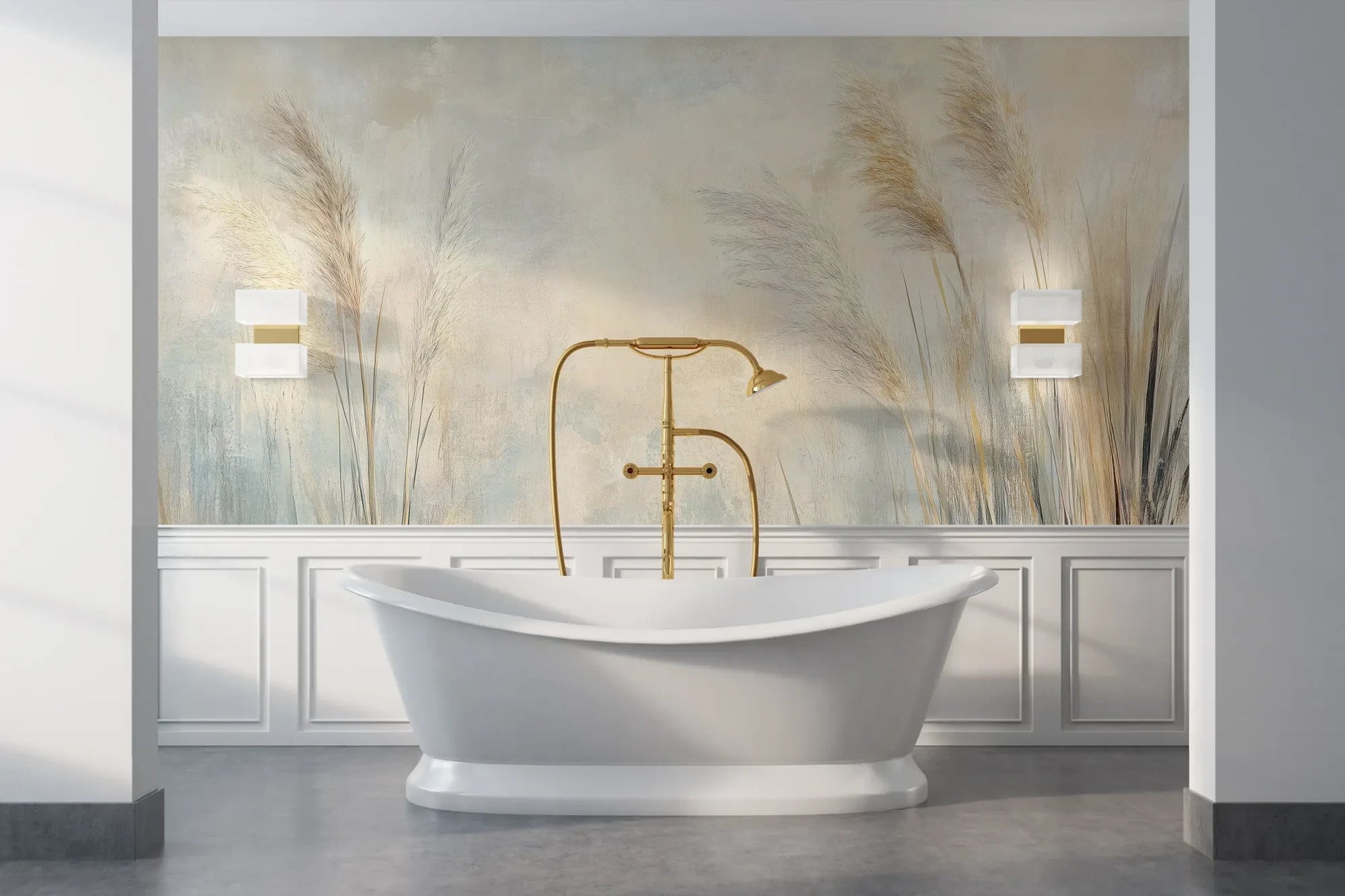 Wzór fototapety LUMINOUS BREEZE - tapeta z jasnymi źdźbłami trawy na pastelowym tle pokazanej w aranżacji łazienki.