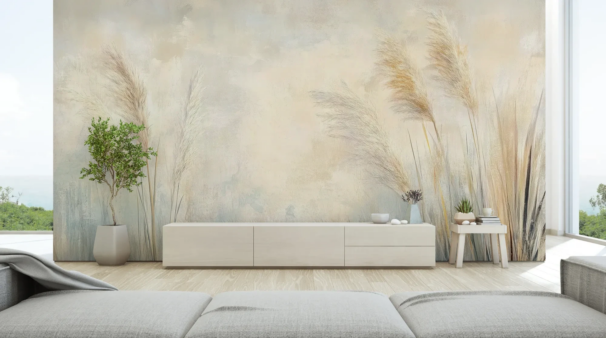 Wzór fototapety LUMINOUS BREEZE - tapeta z jasnymi źdźbłami trawy na pastelowym tle pokazanej w aranżacji salonu.