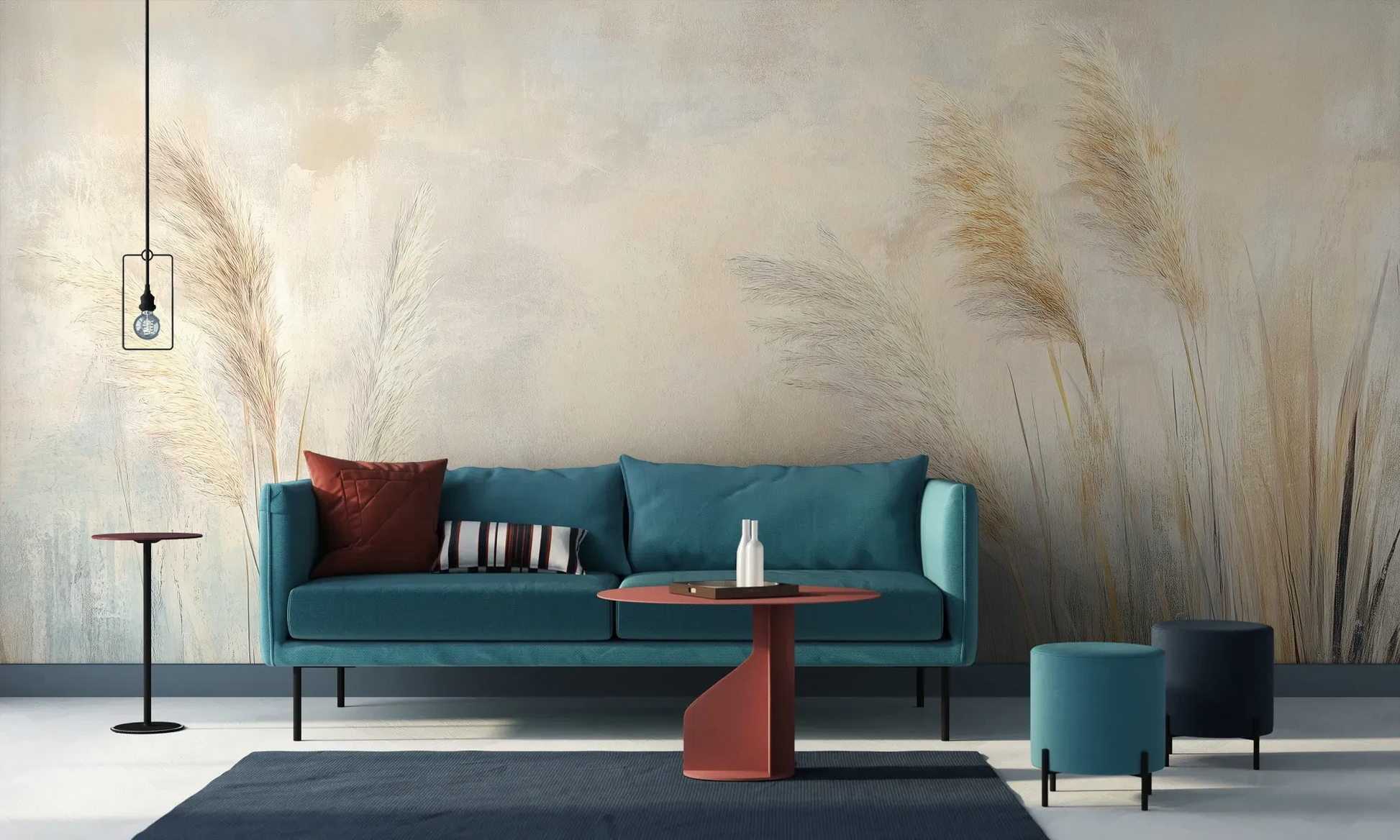 Wzór fototapety LUMINOUS BREEZE - tapeta z jasnymi źdźbłami trawy na pastelowym tle pokazanej w aranżacji salonu.