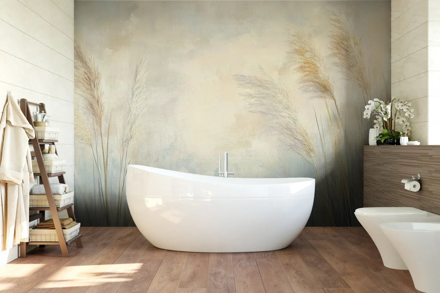 Wzór fototapety LUMINOUS BREEZE - tapeta z jasnymi źdźbłami trawy na pastelowym tle pokazanej w aranżacji łazienki.