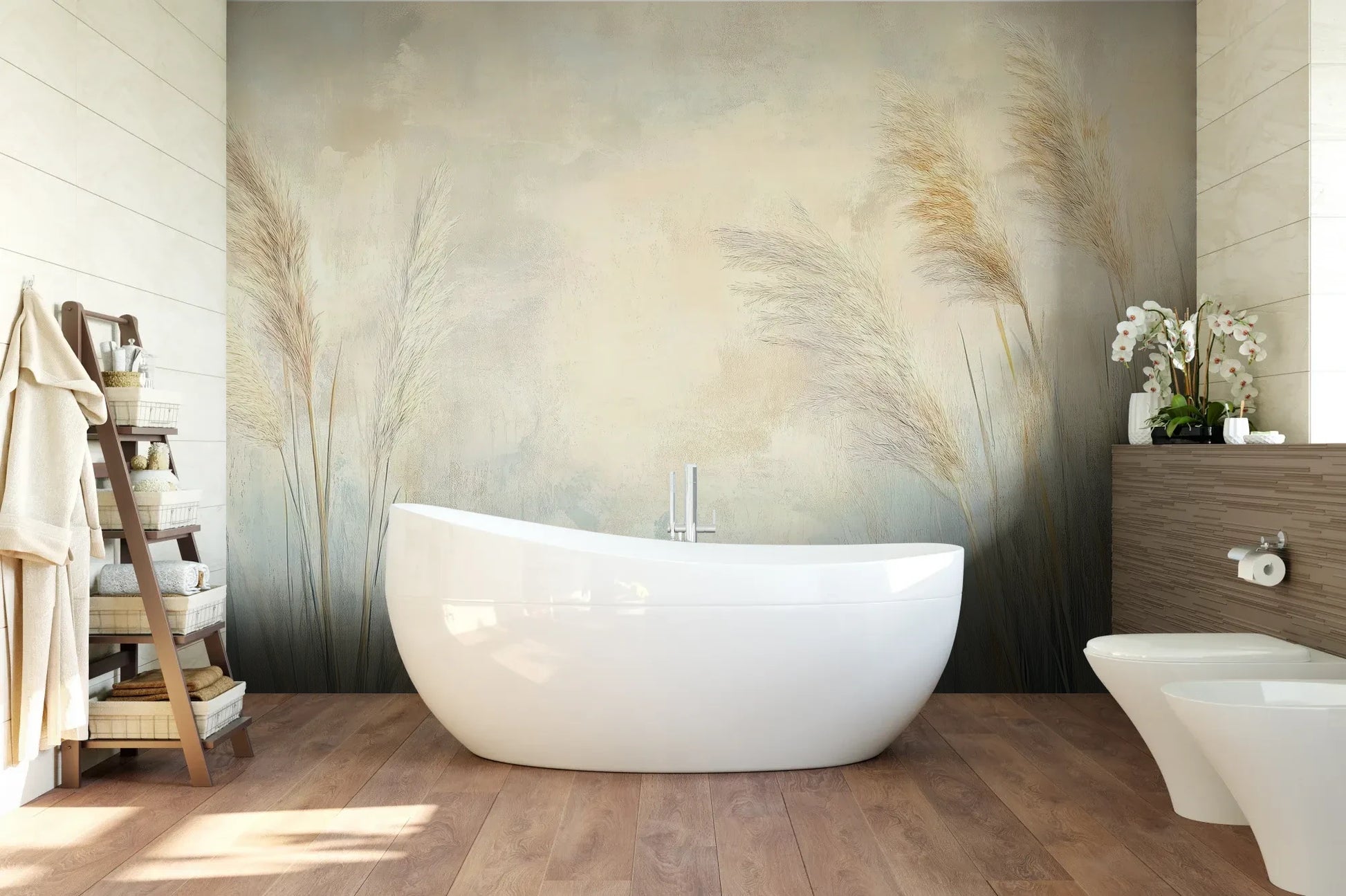 Wzór fototapety LUMINOUS BREEZE - tapeta z jasnymi źdźbłami trawy na pastelowym tle pokazanej w aranżacji łazienki.