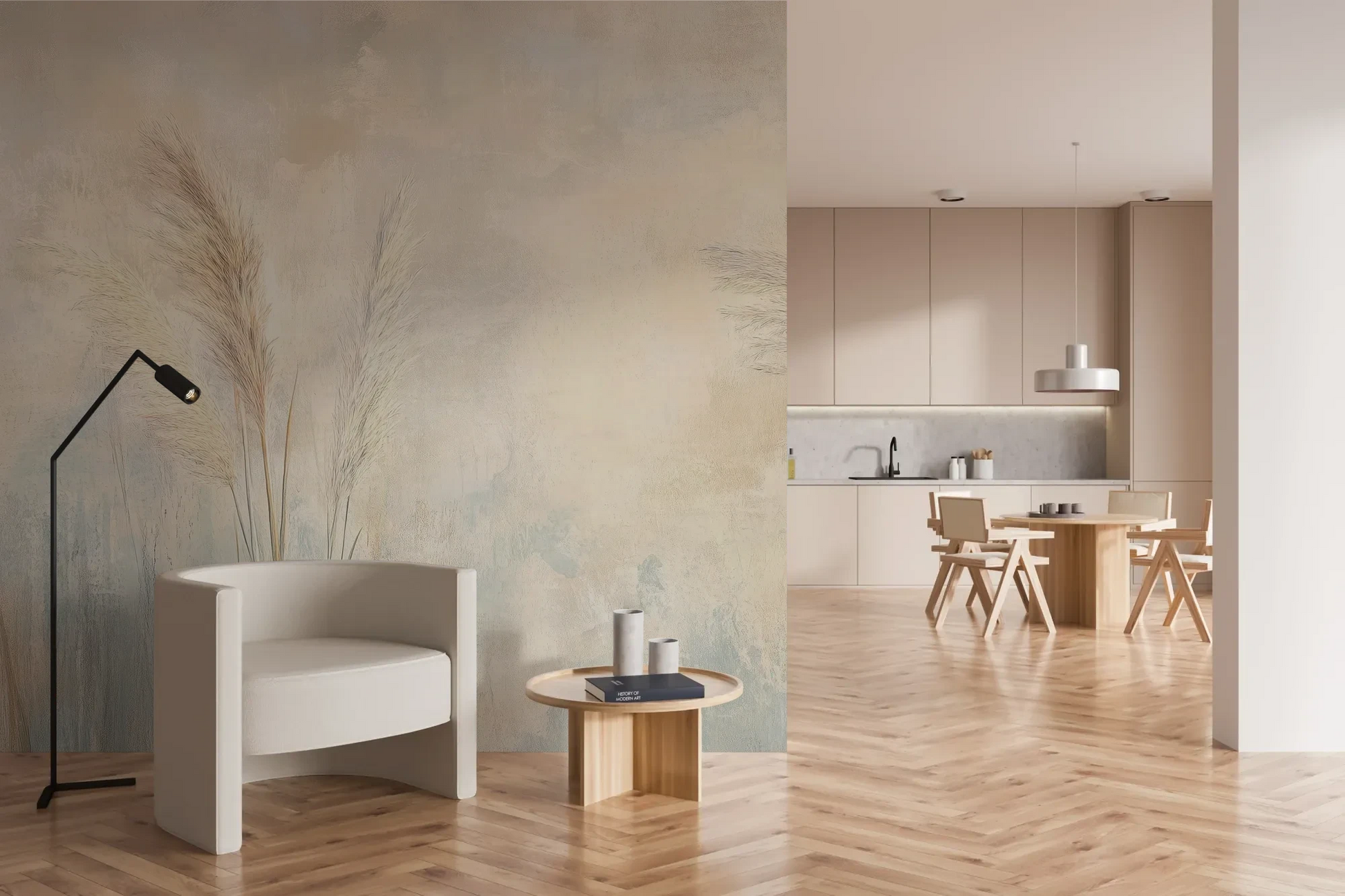 Wzór fototapety LUMINOUS BREEZE - tapeta z jasnymi źdźbłami trawy na pastelowym tle pokazanej w aranżacji kuchni.