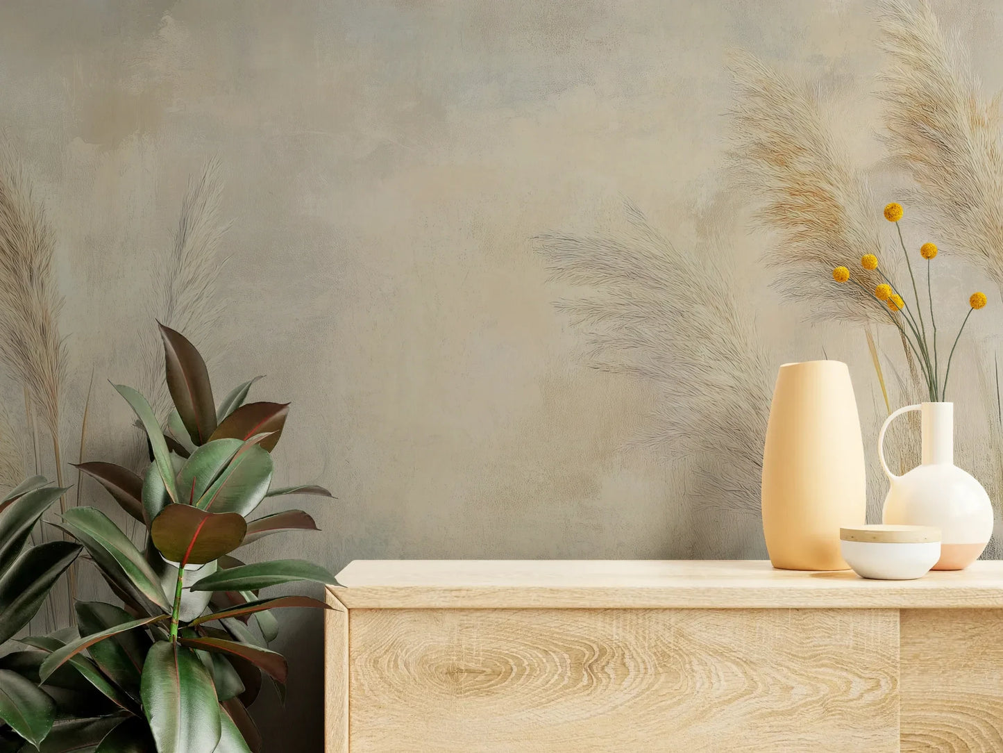 Fototapeta LUMINOUS BREEZE - tapeta z jasnymi źdźbłami trawy na pastelowym tle pokazana w aranżacji wnętrza z akcentem na ścianie.