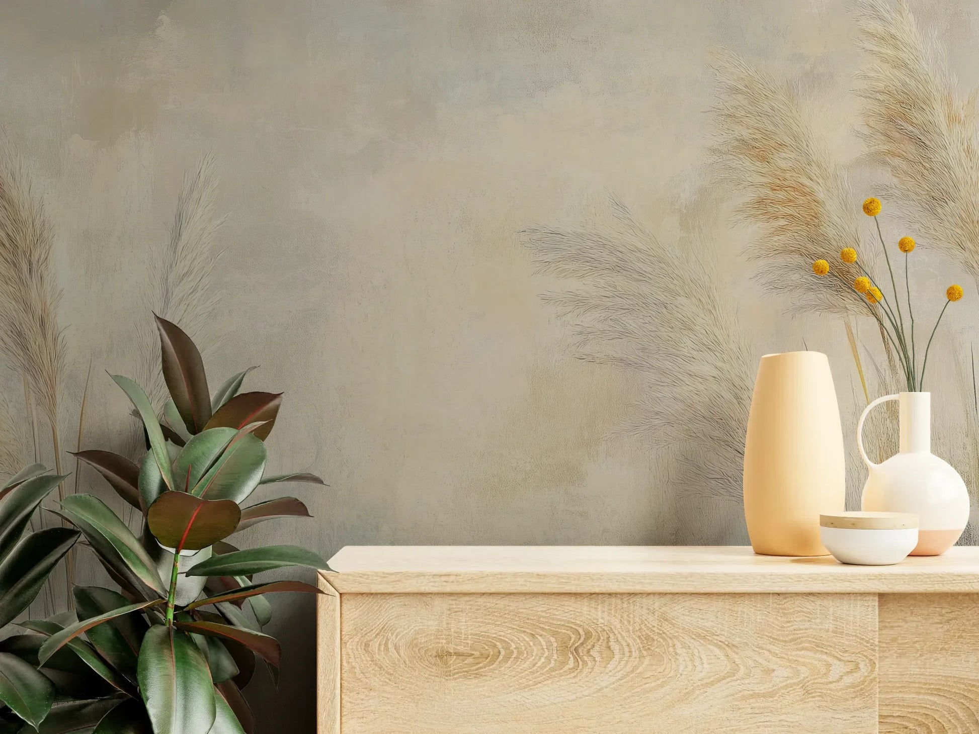 Fototapeta LUMINOUS BREEZE - tapeta z jasnymi źdźbłami trawy na pastelowym tle pokazana w aranżacji wnętrza z akcentem na ścianie.
