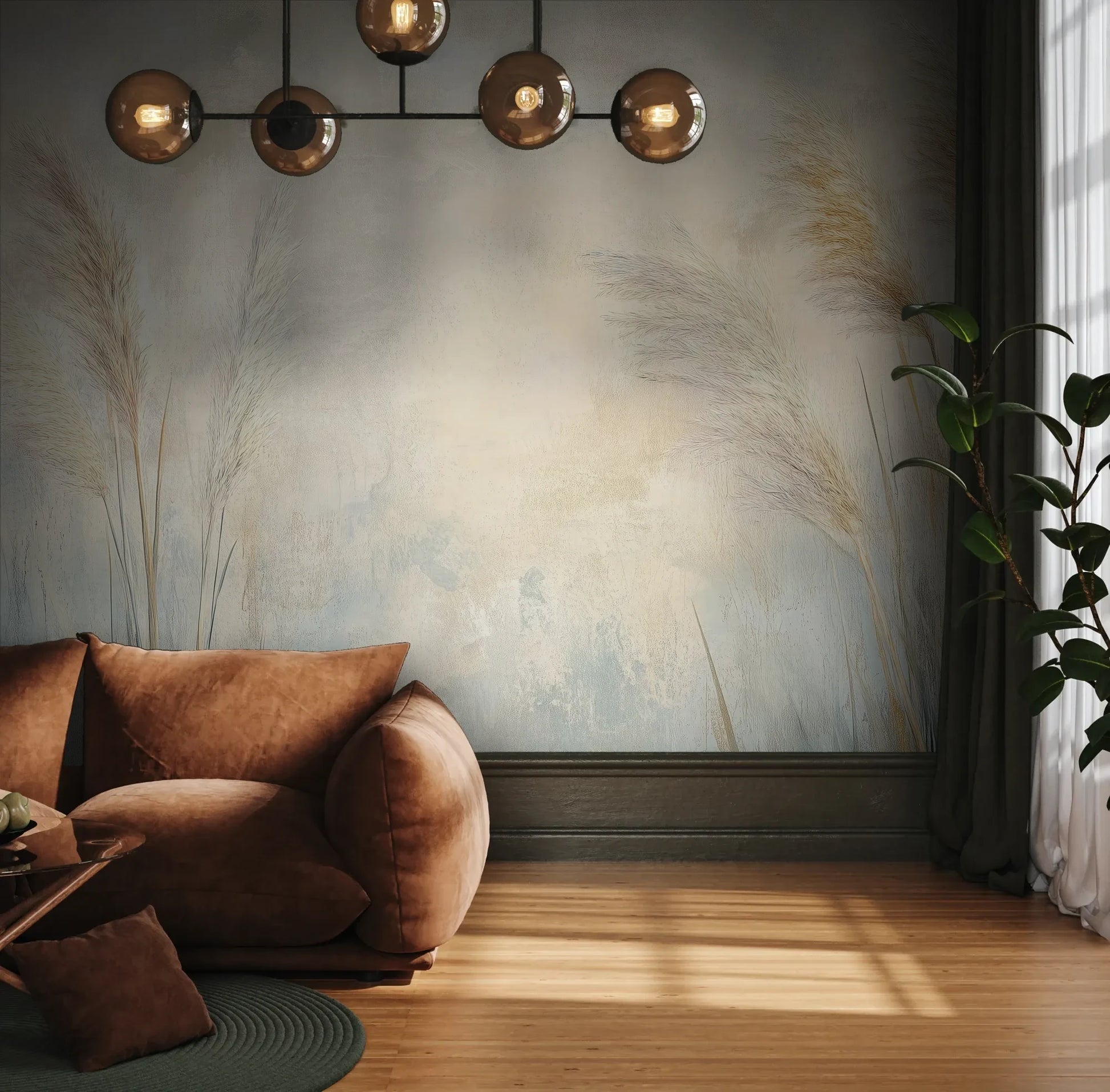 Fototapeta LUMINOUS BREEZE - tapeta z jasnymi źdźbłami trawy na pastelowym tle pokazana w aranżacji wnętrza z akcentem na ścianie.