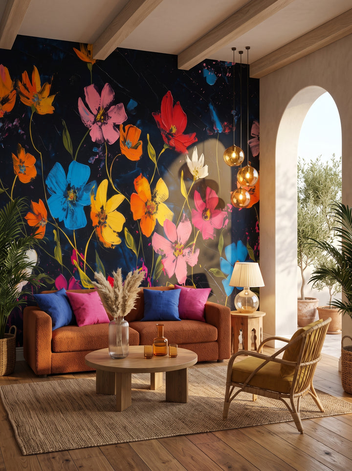 Fototapeta artystyczna o nazwie Cosmic Garden w aranżacji wnętrza: salon w stylu wyrafinowanego boho z tarasem.