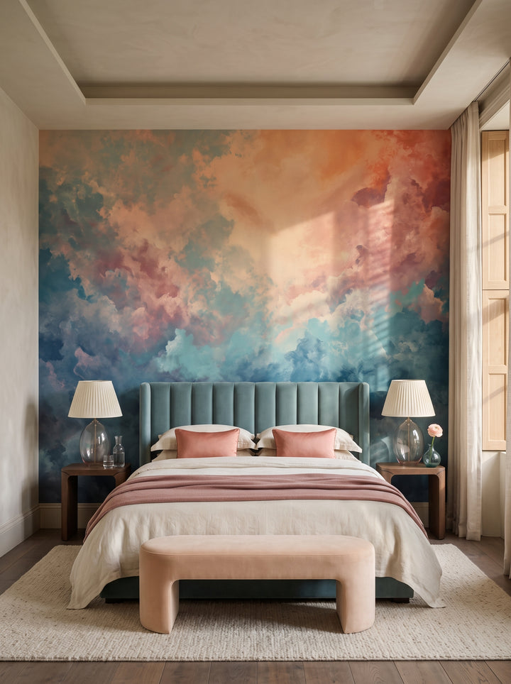 Fototapeta artystyczna o nazwie Aqua Roseate w aranżacji wnętrza: apartament w pięciogwiazdkowym hotelu w stylu quiet luxury.