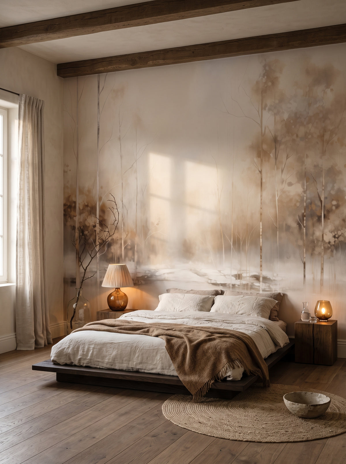 Fototapeta artystyczna o nazwie SERENE WATERS EDGE MURAL w aranżacji wnętrza: sypialnia wabi-sabi z tynkiem wapiennym.