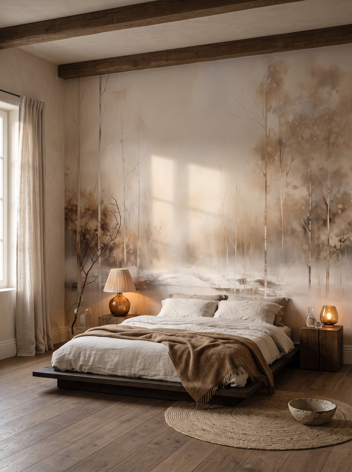 Fototapeta artystyczna o nazwie SERENE WATERS EDGE MURAL w aranżacji wnętrza: sypialnia wabi-sabi z tynkiem wapiennym.