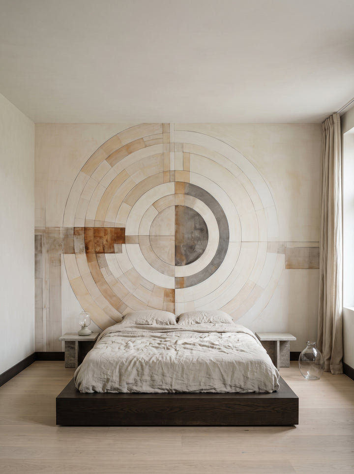 Fototapeta artystyczna o nazwie ARCHITECTURAL ORBITAL DESIGN #2 w aranżacji wnętrza: spokojna sypialnia w stylu wabi-sabi.