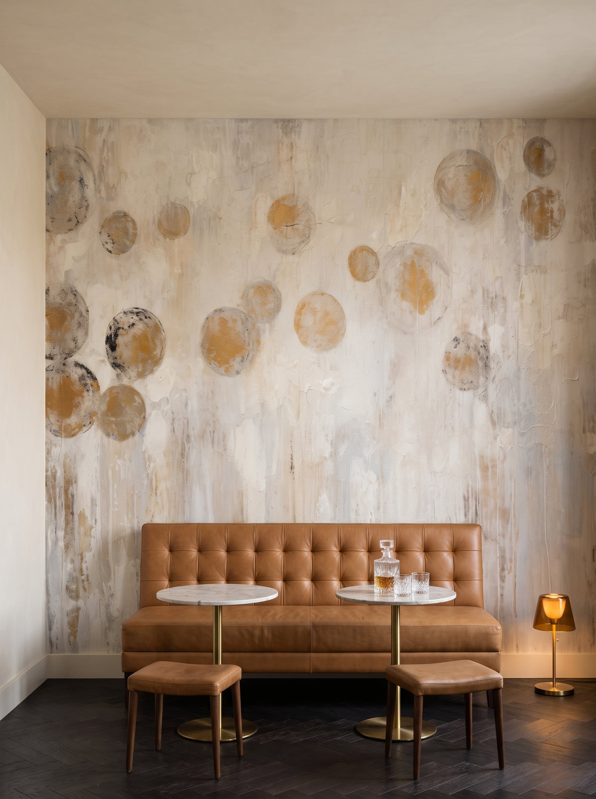 Fototapeta artystyczna o nazwie ETHEREAL EARTHEN ORBS w aranżacji wnętrza: bar lounge w butikowym hotelu.