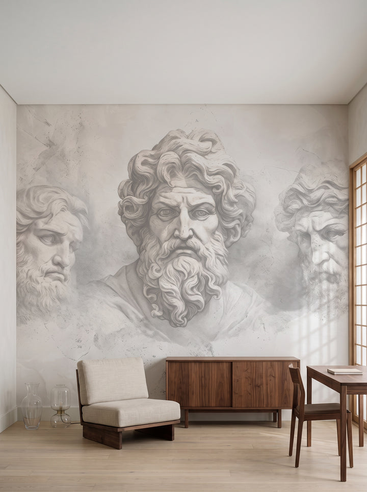 Fototapeta artystyczna o nazwie Epicurus's Legacy w aranżacji wnętrza: prywatny gabinet w rafinowanym stylu japandi.
