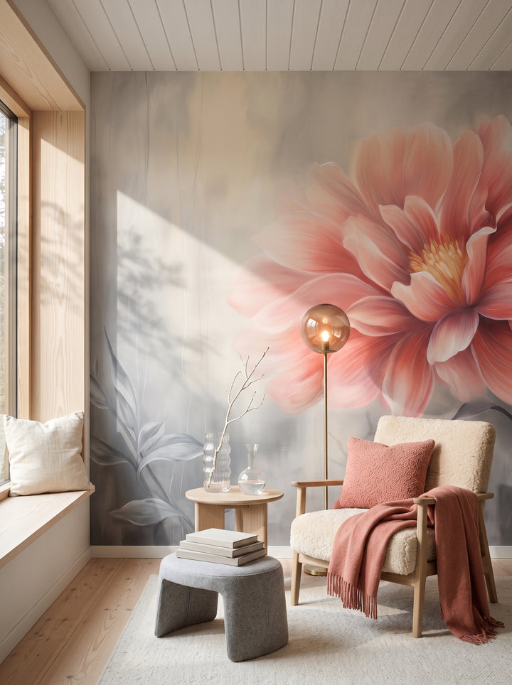 Fototapeta artystyczna o nazwie Coral Bloom w aranżacji wnętrza: kącik do czytania w skandynawskiej willi.