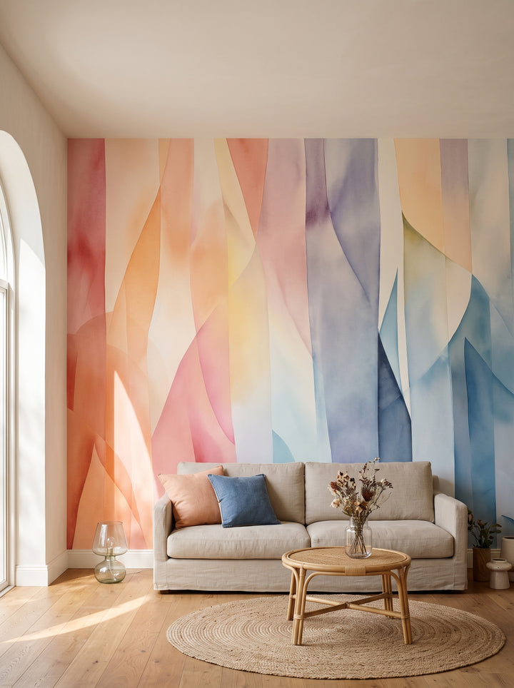 Fototapeta artystyczna o nazwie Pastel Geometry w aranżacji wnętrza: salon w stylu refined boho.