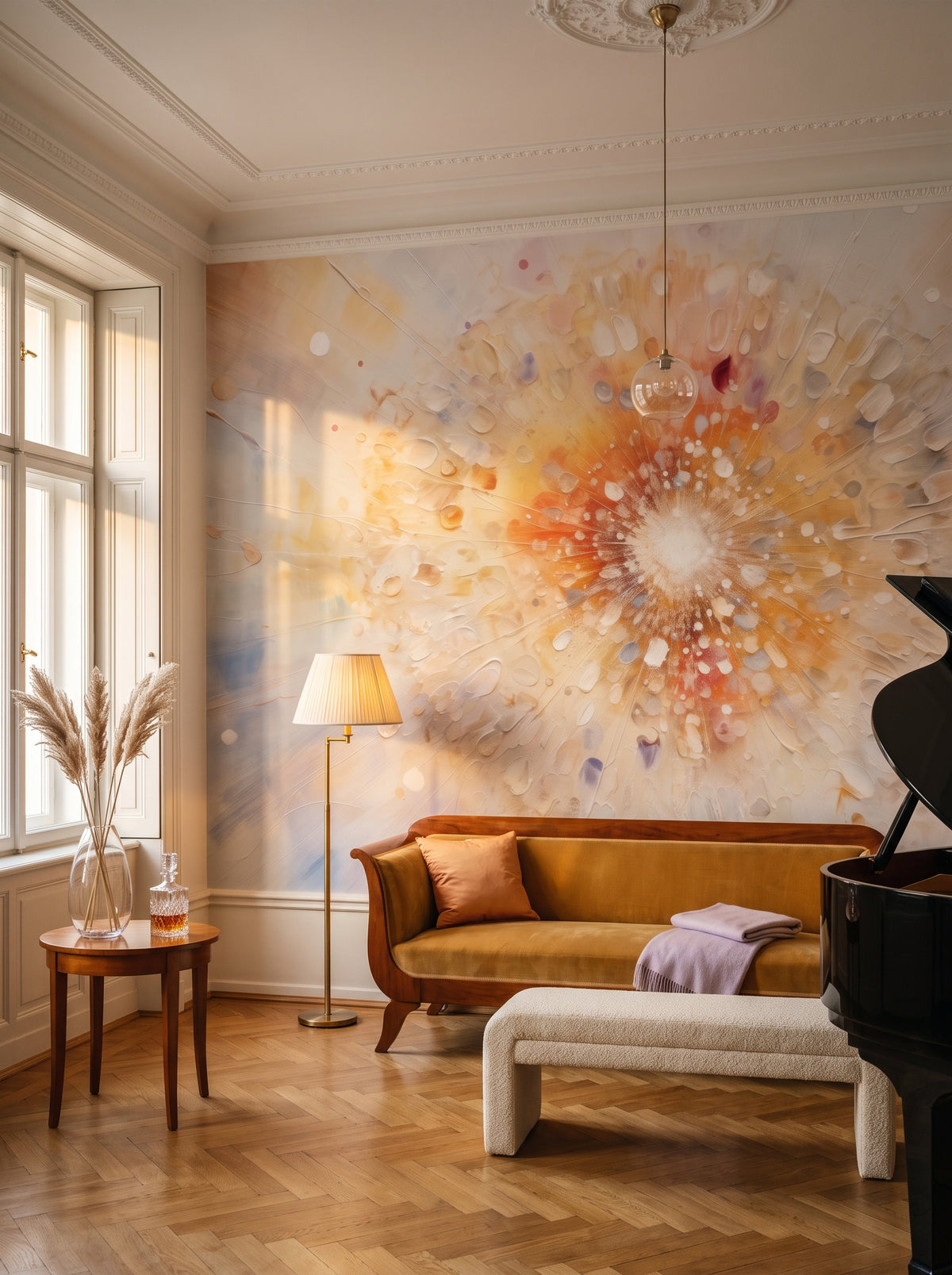 Carta da parati artistica «Desert Bloom» in un interno: sala di musica in un edificio d'epoca viennese.