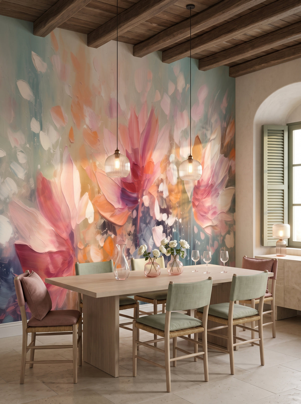 Fototapeta artystyczna o nazwie Dreamy Floral Abstraction w aranżacji wnętrza: jadalnia w śródziemnomorskiej willi.