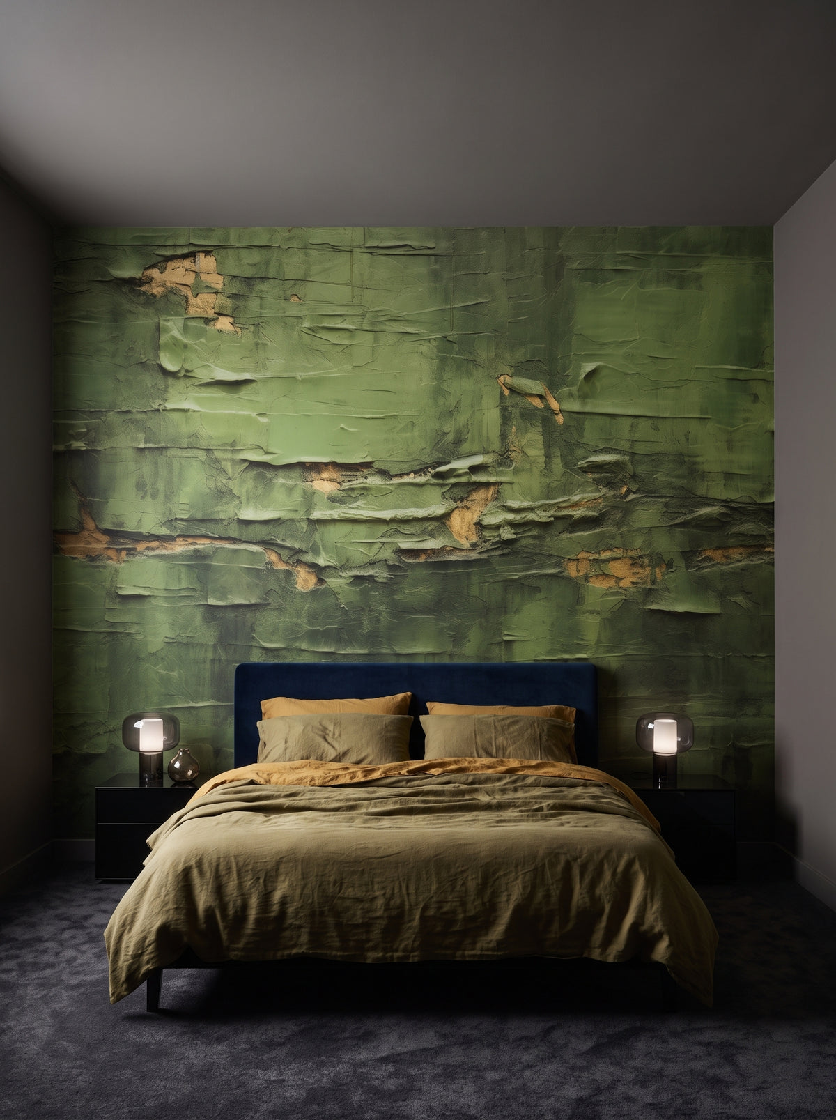 Fototapeta artystyczna o nazwie Verdant Crumble w aranżacji wnętrza: ciemna, otulająca sypialnia w designerskim hotelu.