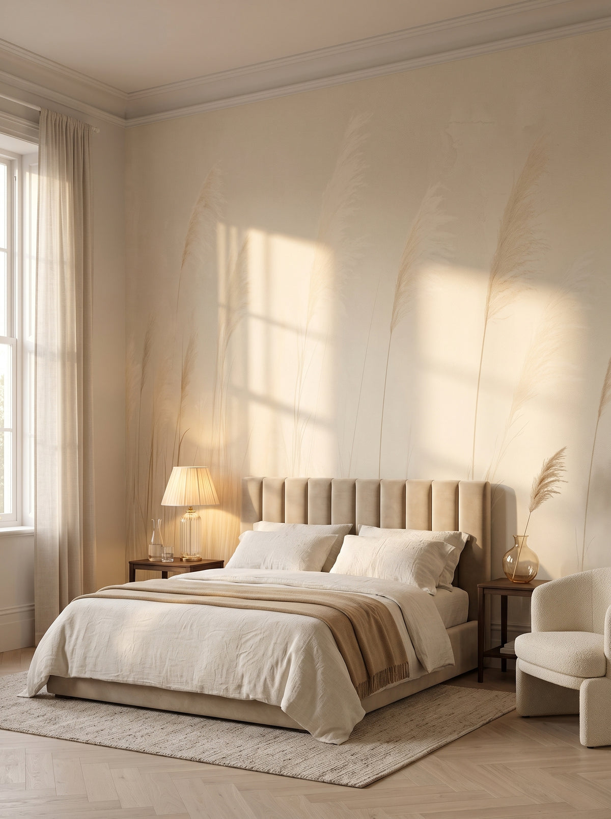Fototapeta artystyczna o nazwie GENTLE RAYS w aranżacji wnętrza: apartament w pięciogwiazdkowym hotelu w stylu quiet luxury.