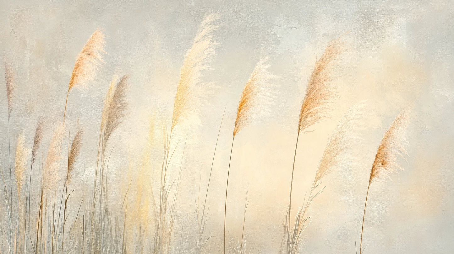 Prezentacja całego wzoru fototapety o nazwie TENDER LIGHT - tapeta z delikatnymi źdźbłami traw w złocistym świetle