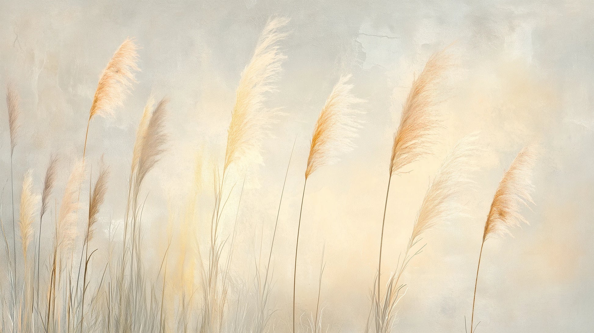 Prezentacja całego wzoru fototapety o nazwie TENDER LIGHT - tapeta z delikatnymi źdźbłami traw w złocistym świetle
