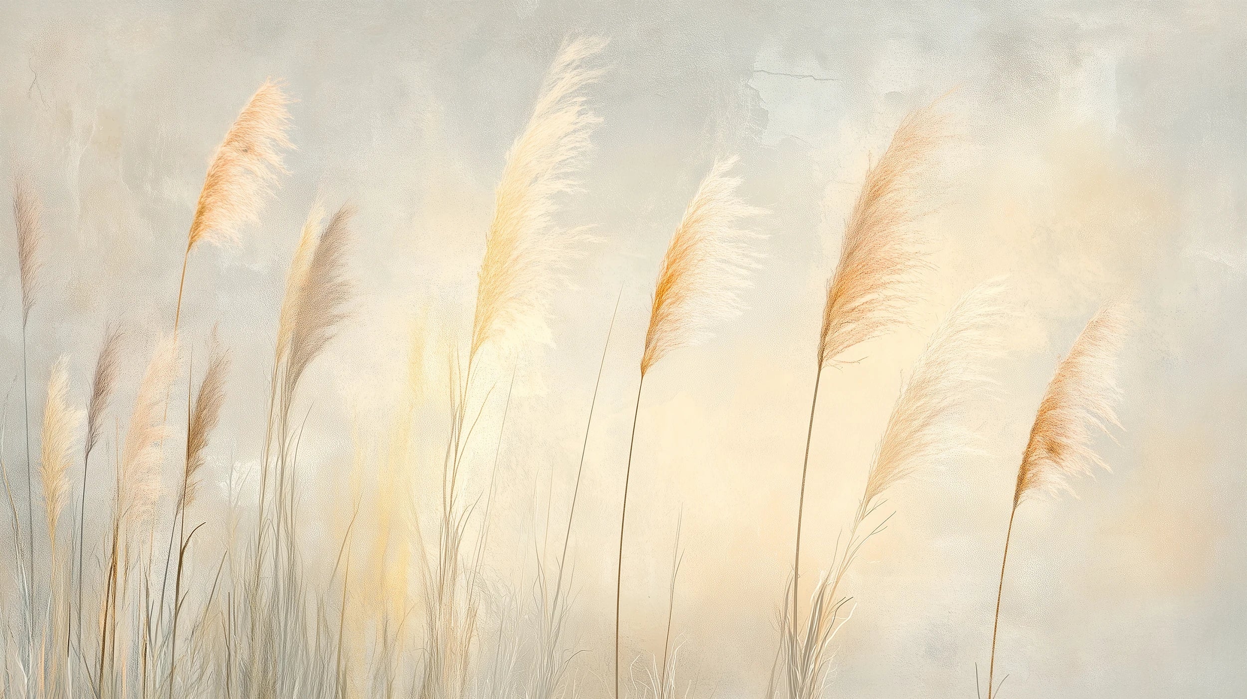 Pattern preview: Prezentacja całego wzoru fototapety o nazwie TENDER LIGHT - tapeta z delikatnymi źdźbłami traw w złocistym świetle