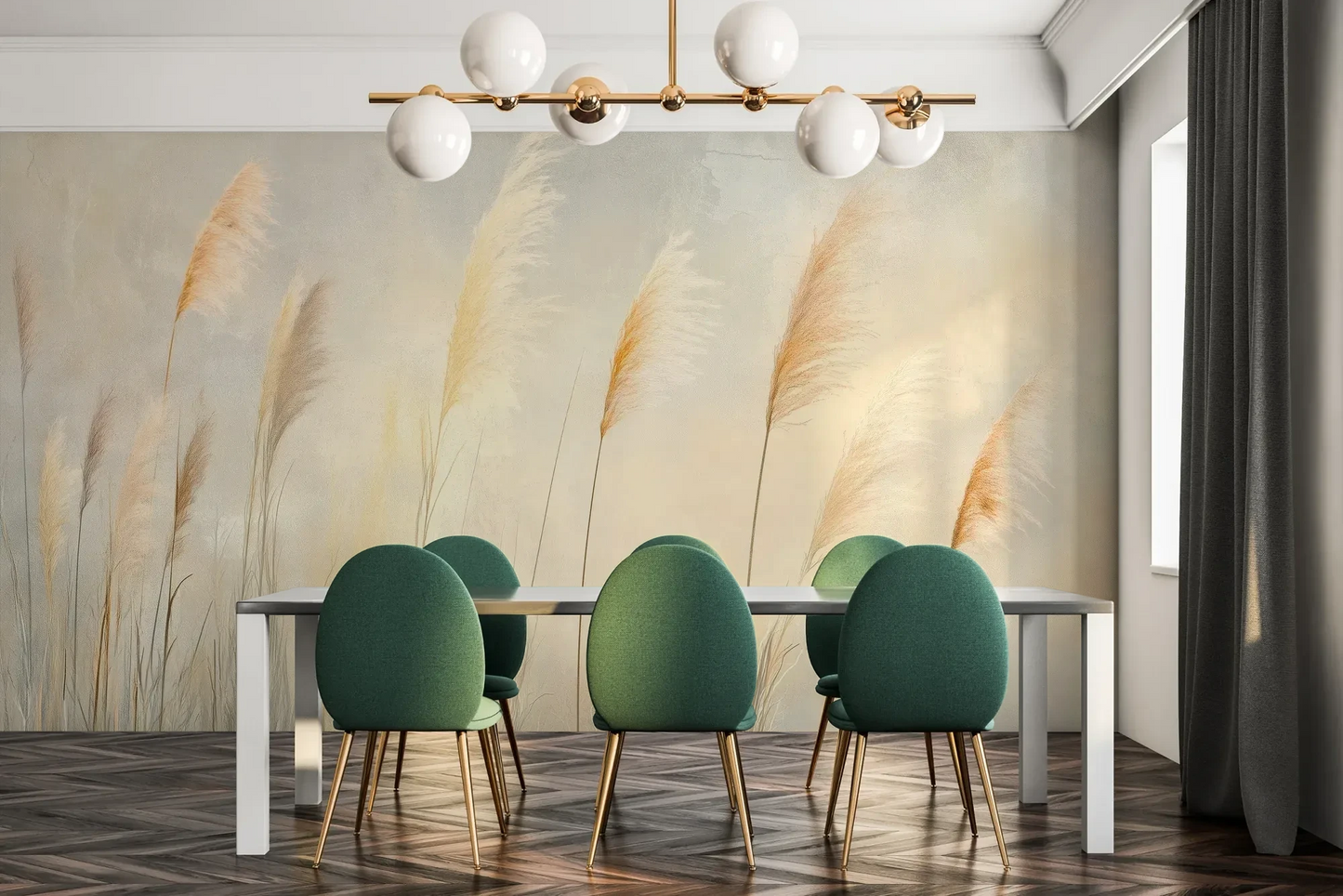 Fototapeta TENDER LIGHT - tapeta z delikatnymi źdźbłami traw w złocistym świetle pokazana w aranżacji jadalni.