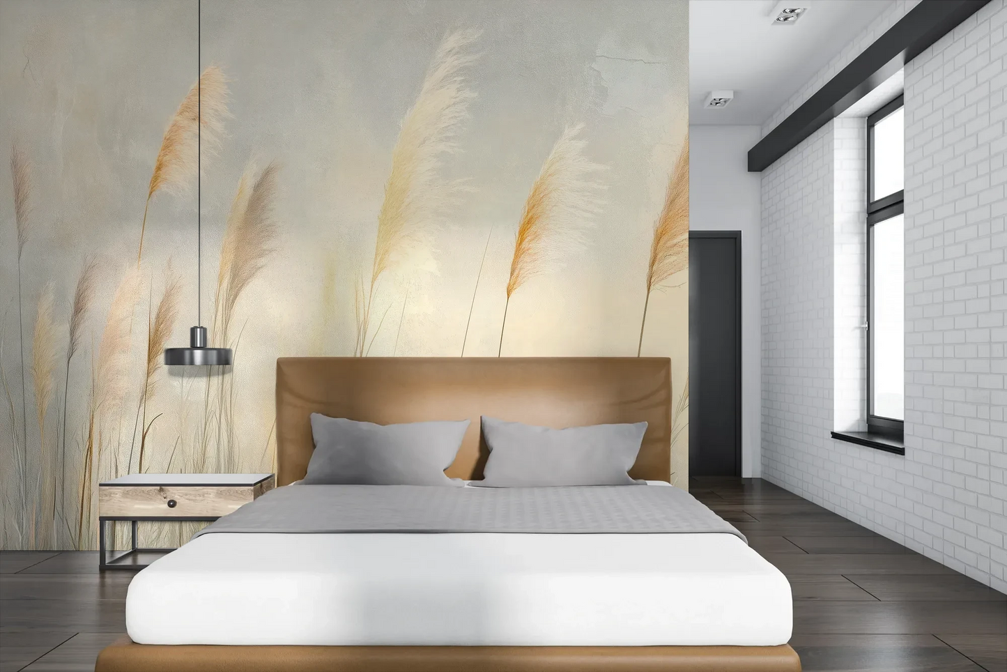 Wzór fototapety TENDER LIGHT - tapeta z delikatnymi źdźbłami traw w złocistym świetle pokazanej w aranżacji sypialni.