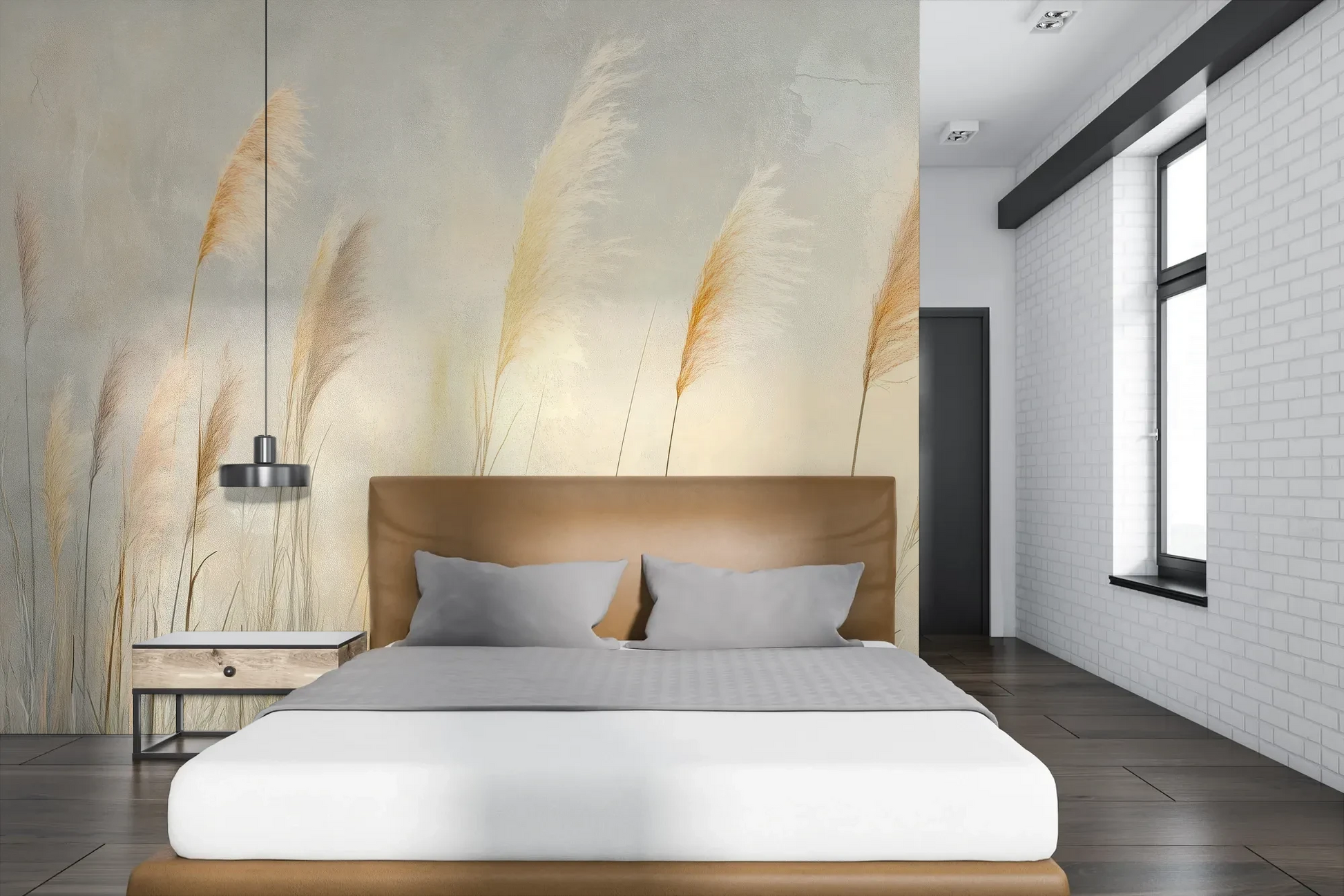 Wzór fototapety TENDER LIGHT - tapeta z delikatnymi źdźbłami traw w złocistym świetle pokazanej w aranżacji sypialni.
