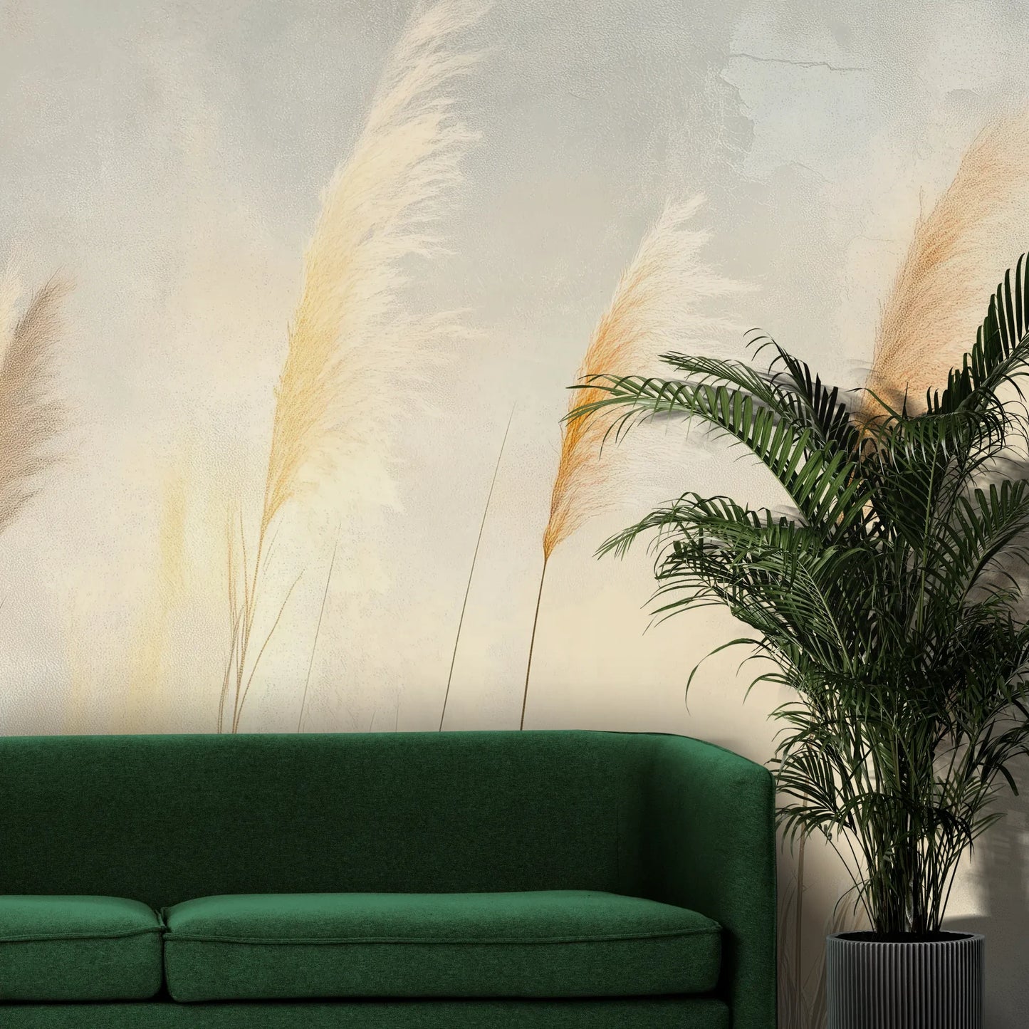 Fototapeta TENDER LIGHT - tapeta z delikatnymi źdźbłami traw w złocistym świetle pokazana w aranżacji wnętrza z akcentem na ścianie.