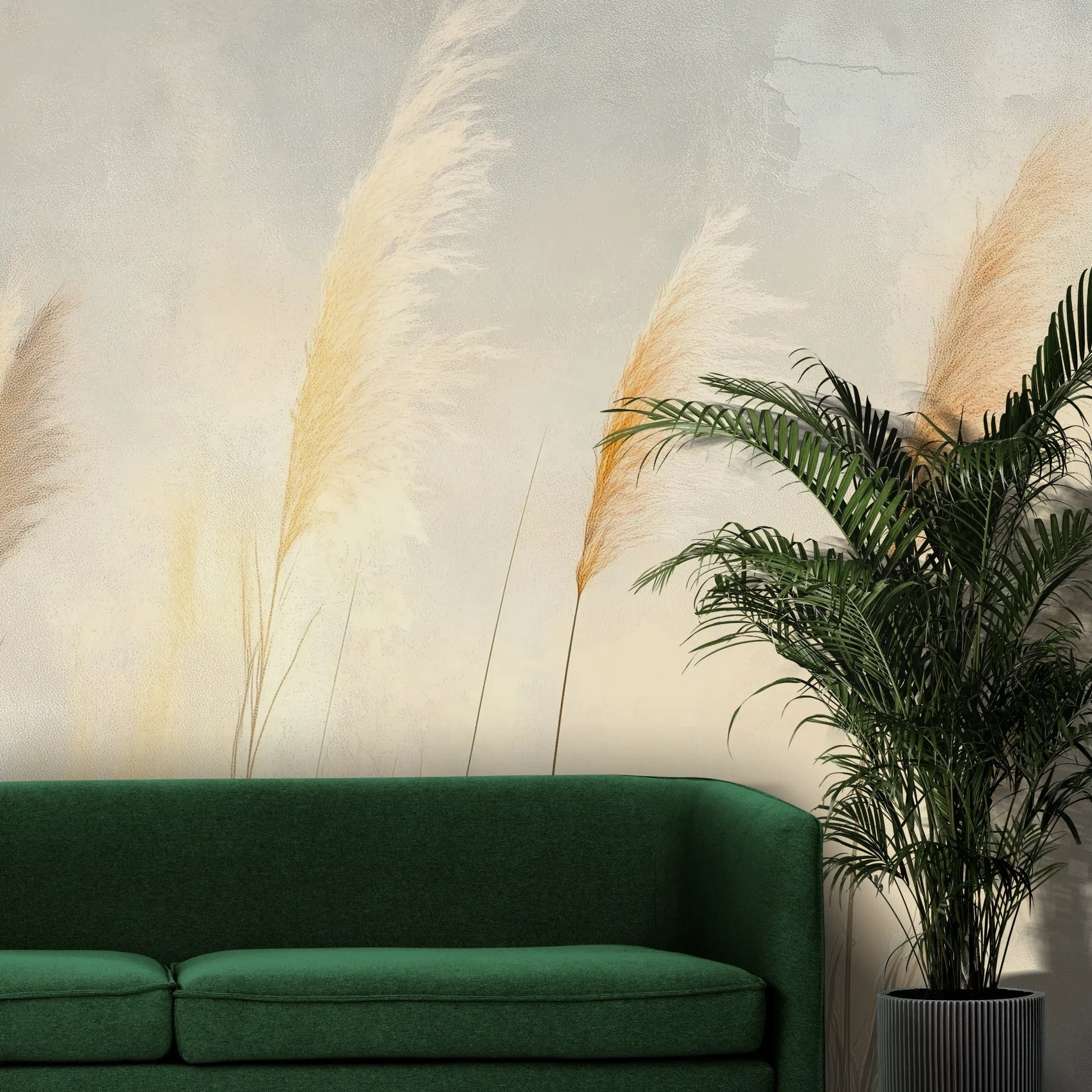 Fototapeta TENDER LIGHT - tapeta z delikatnymi źdźbłami traw w złocistym świetle pokazana w aranżacji wnętrza z akcentem na ścianie.