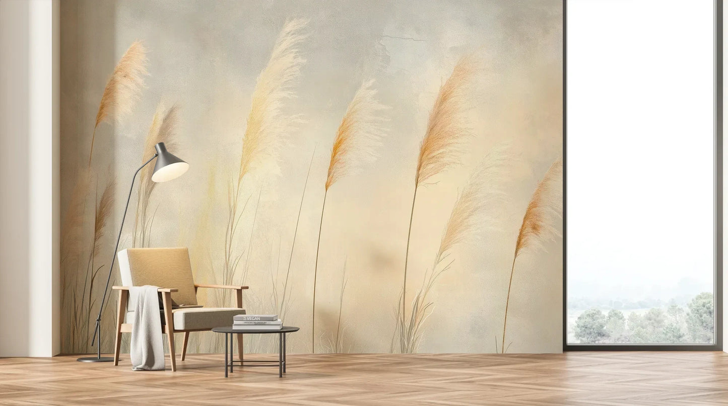 Wzór fototapety TENDER LIGHT - tapeta z delikatnymi źdźbłami traw w złocistym świetle pokazanej w aranżacji salonu.