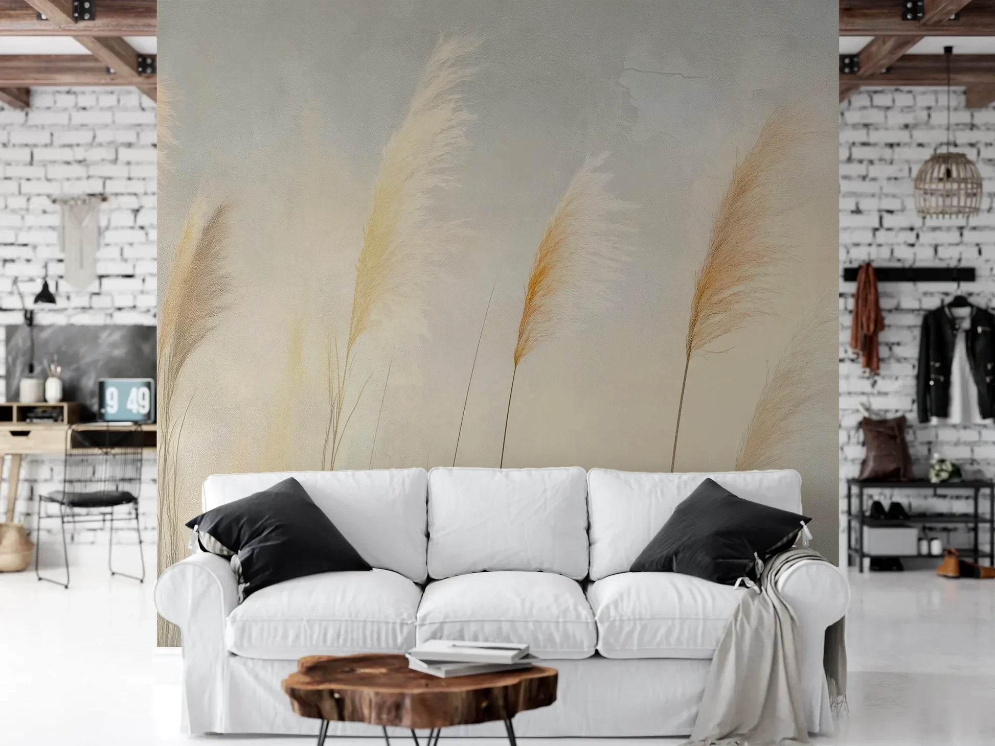 Wzór fototapety TENDER LIGHT - tapeta z delikatnymi źdźbłami traw w złocistym świetle pokazanej w aranżacji salonu.