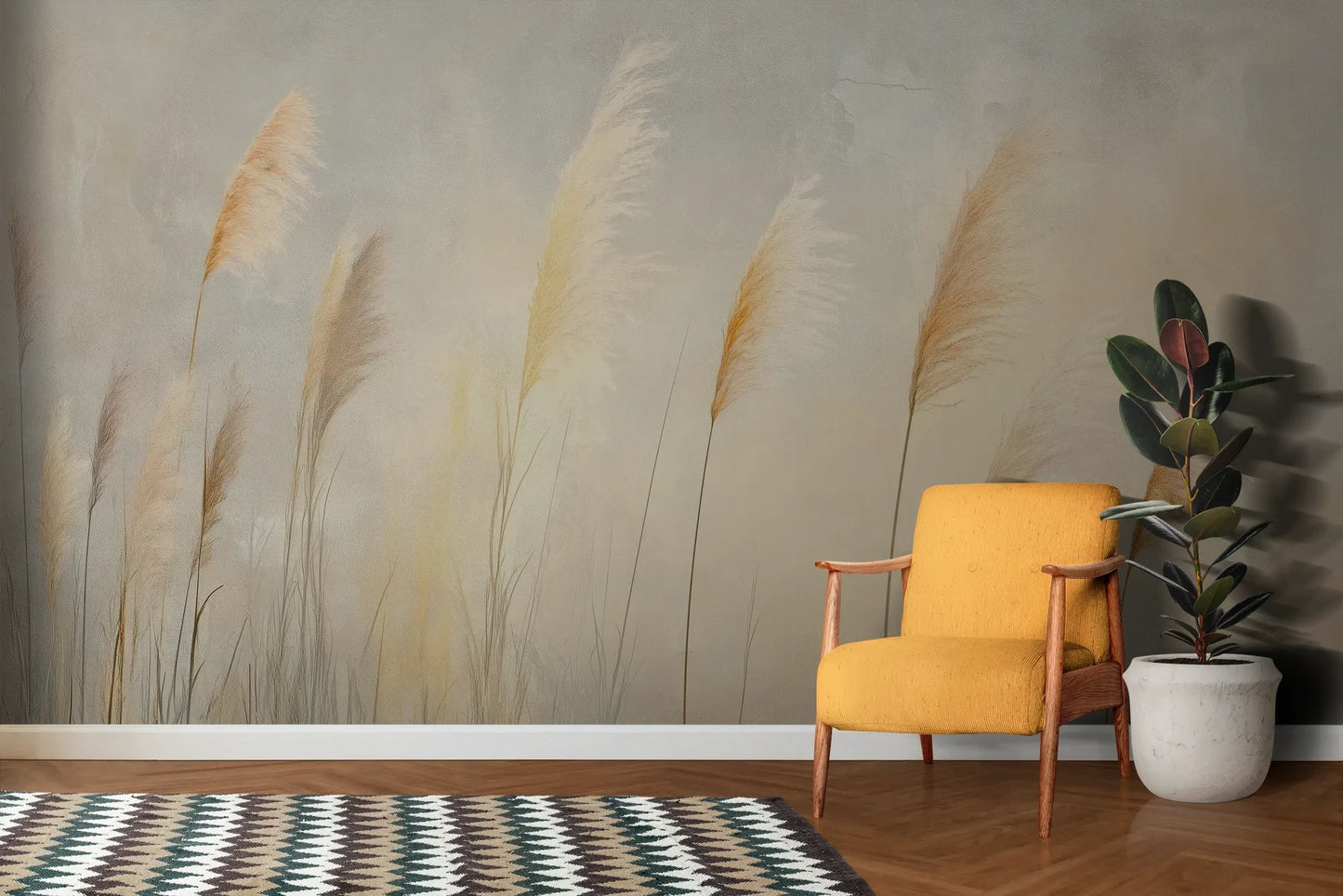 Wzór fototapety TENDER LIGHT - tapeta z delikatnymi źdźbłami traw w złocistym świetle pokazanej w aranżacji salonu.