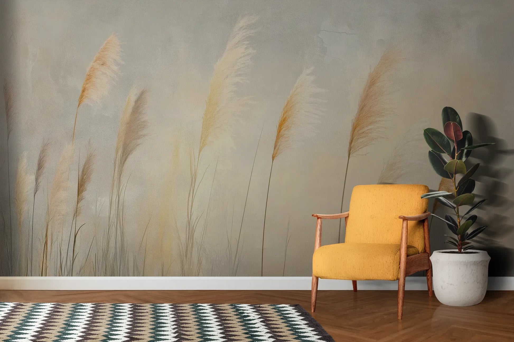 Wzór fototapety TENDER LIGHT - tapeta z delikatnymi źdźbłami traw w złocistym świetle pokazanej w aranżacji salonu.