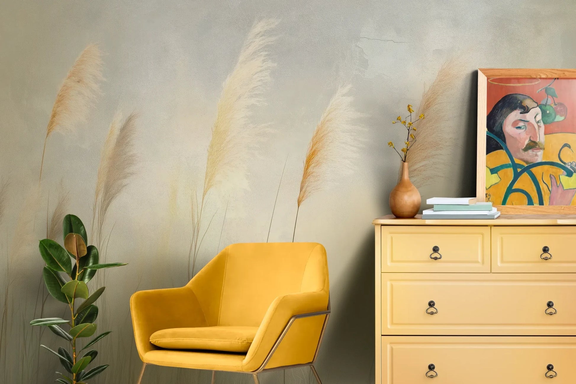 Wzór fototapety TENDER LIGHT - tapeta z delikatnymi źdźbłami traw w złocistym świetle pokazanej w aranżacji salonu.