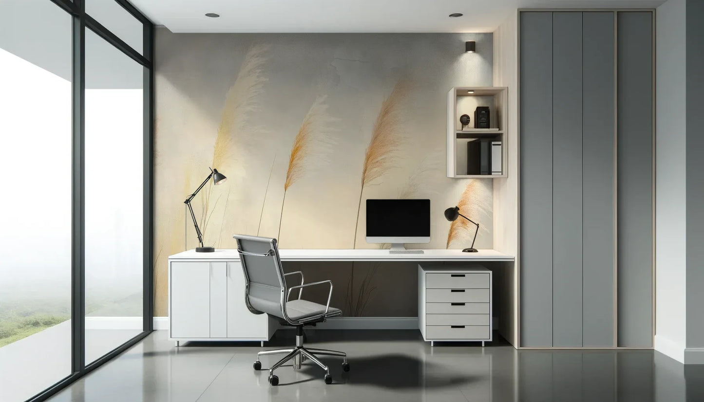 Fototapeta TENDER LIGHT - tapeta z delikatnymi źdźbłami traw w złocistym świetle pokazana w aranżacji biura.