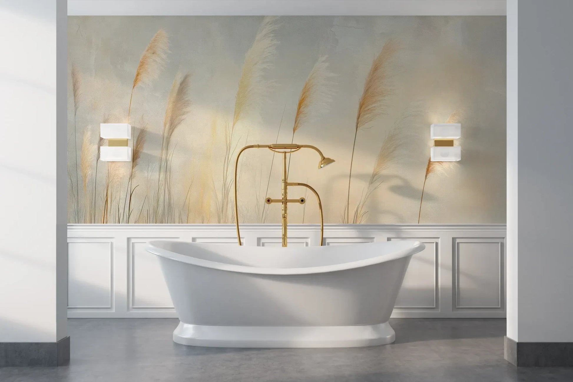 Wzór fototapety TENDER LIGHT - tapeta z delikatnymi źdźbłami traw w złocistym świetle pokazanej w aranżacji łazienki.