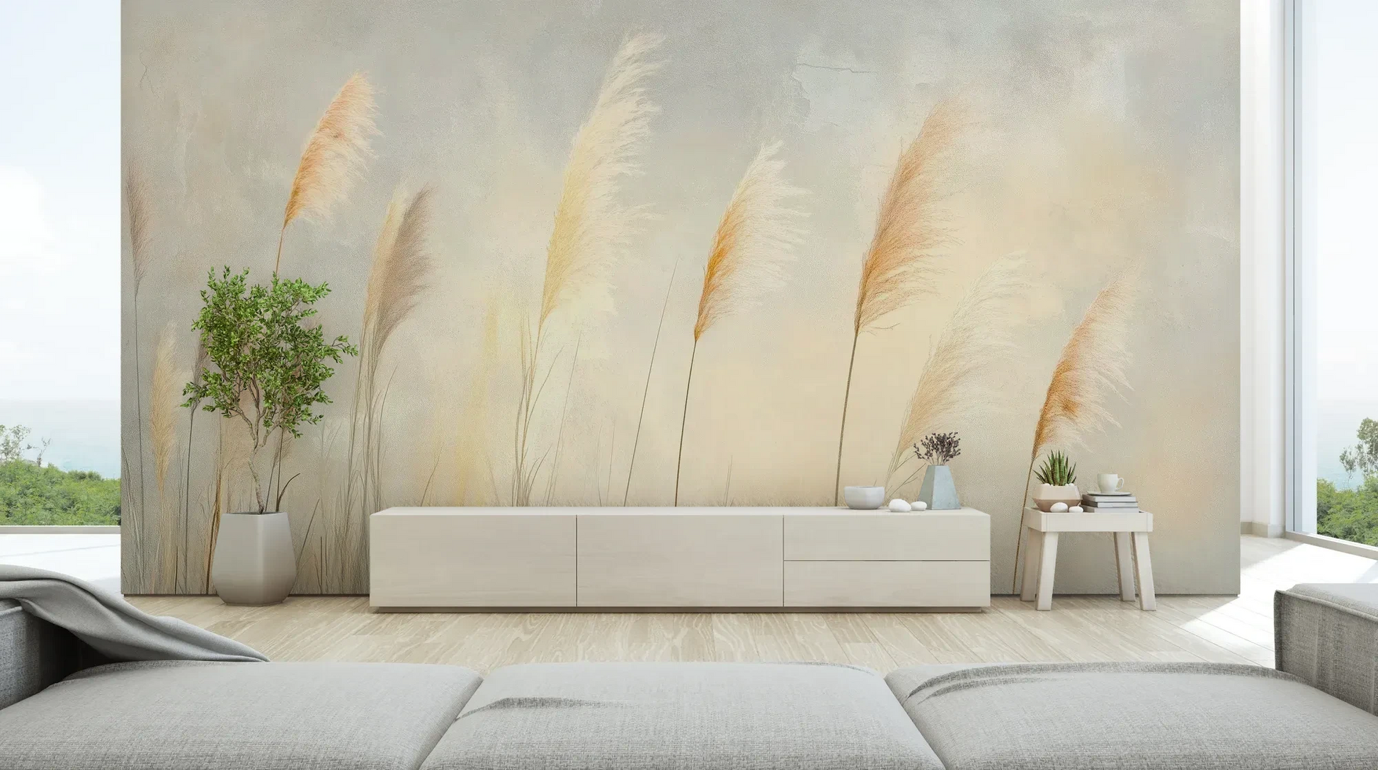 Wzór fototapety TENDER LIGHT - tapeta z delikatnymi źdźbłami traw w złocistym świetle pokazanej w aranżacji salonu.