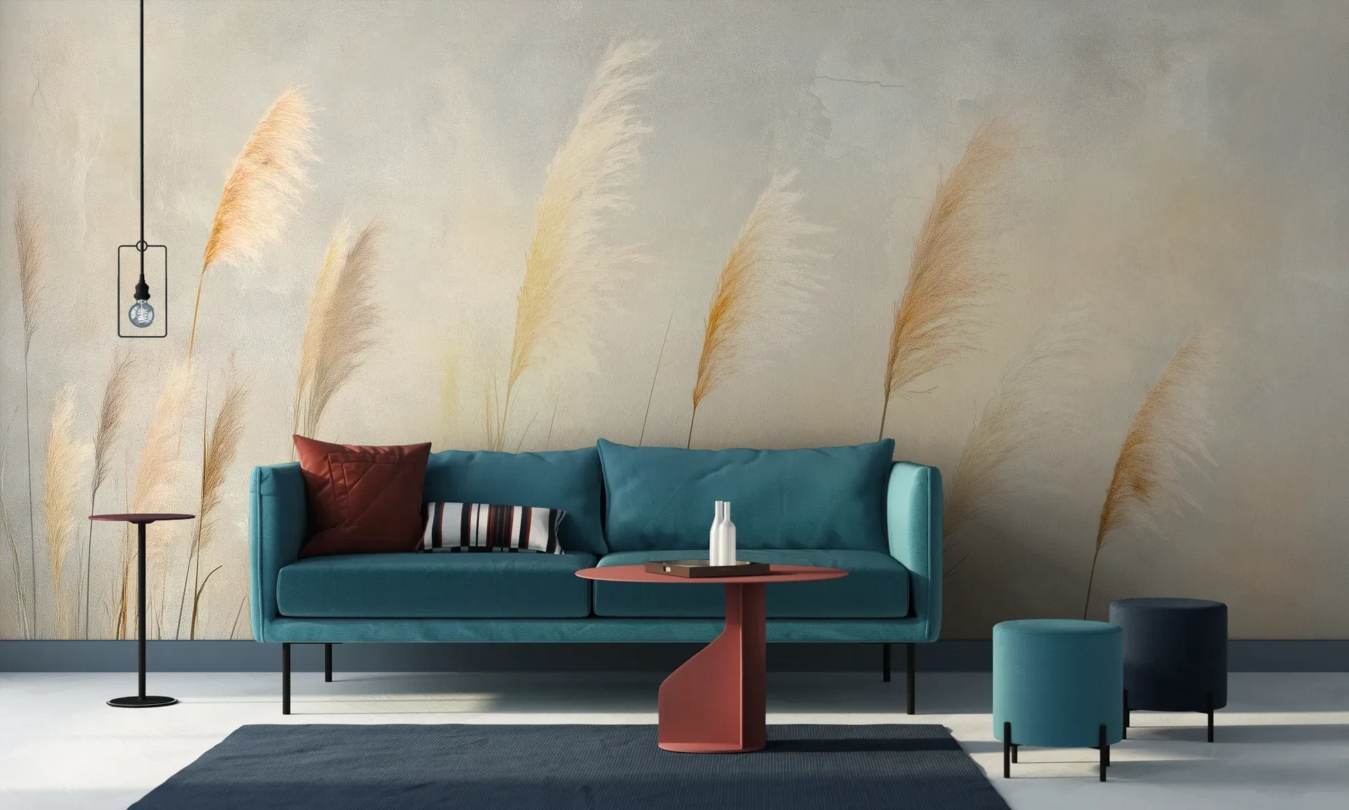 Wzór fototapety TENDER LIGHT - tapeta z delikatnymi źdźbłami traw w złocistym świetle pokazanej w aranżacji salonu.