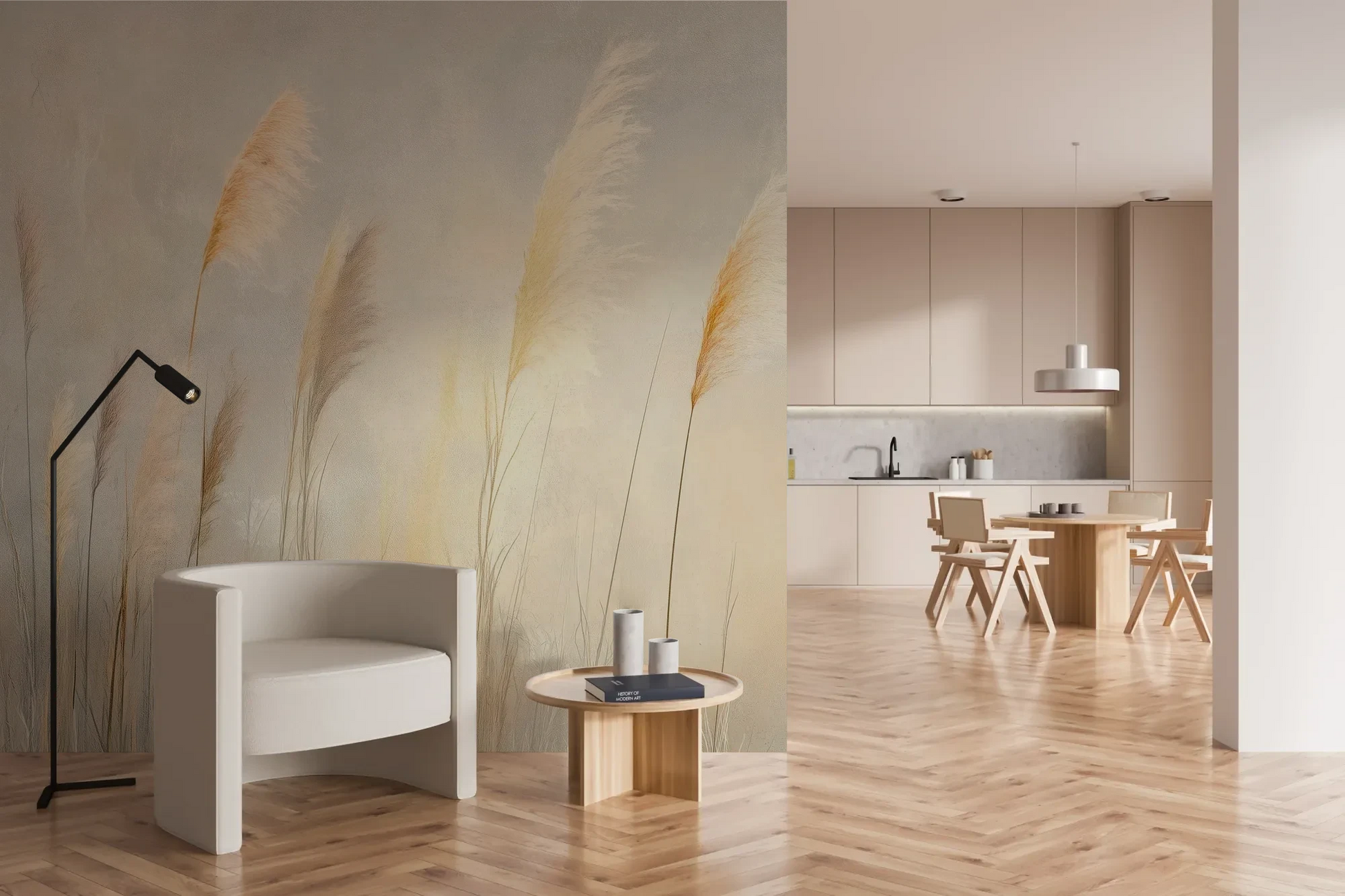 Wzór fototapety TENDER LIGHT - tapeta z delikatnymi źdźbłami traw w złocistym świetle pokazanej w aranżacji kuchni.