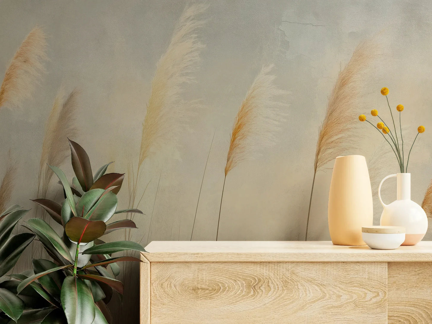 Fototapeta TENDER LIGHT - tapeta z delikatnymi źdźbłami traw w złocistym świetle pokazana w aranżacji wnętrza z akcentem na ścianie.