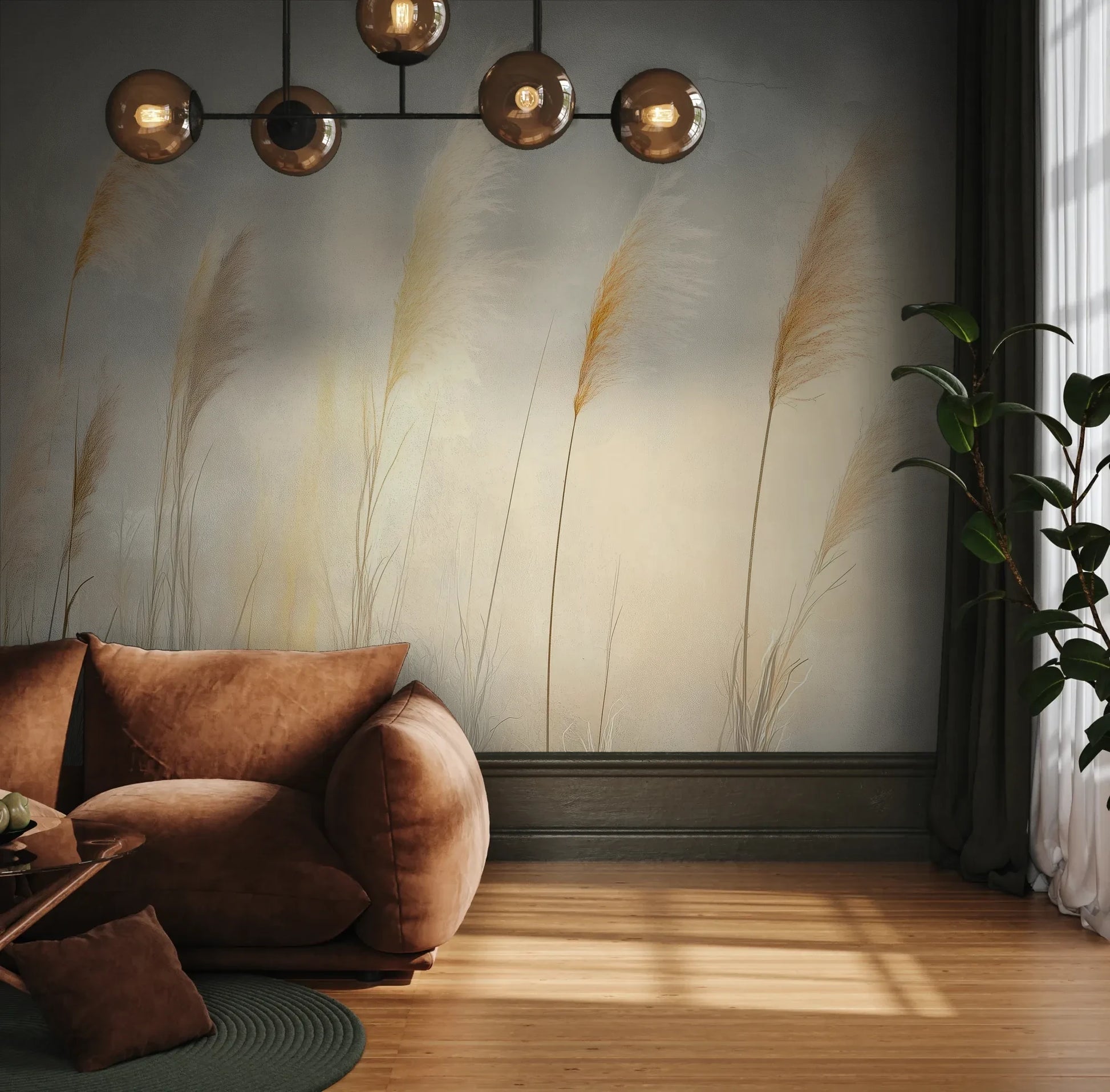 Fototapeta TENDER LIGHT - tapeta z delikatnymi źdźbłami traw w złocistym świetle pokazana w aranżacji wnętrza z akcentem na ścianie.