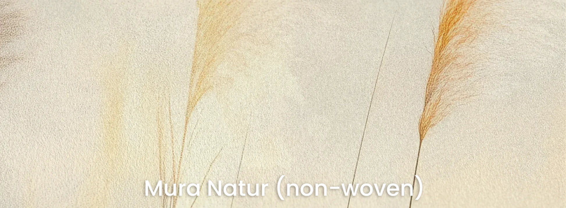 Zbliżenie na fototapetę TENDER LIGHT - tapeta z delikatnymi źdźbłami traw w złocistym świetle na naturalnym podłożu ekologicznym.