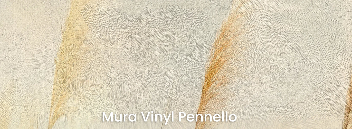 Zbliżenie na fototapetę TENDER LIGHT - tapeta z delikatnymi źdźbłami traw w złocistym świetle na podłożu o fakturze pociągnięć pędzla.