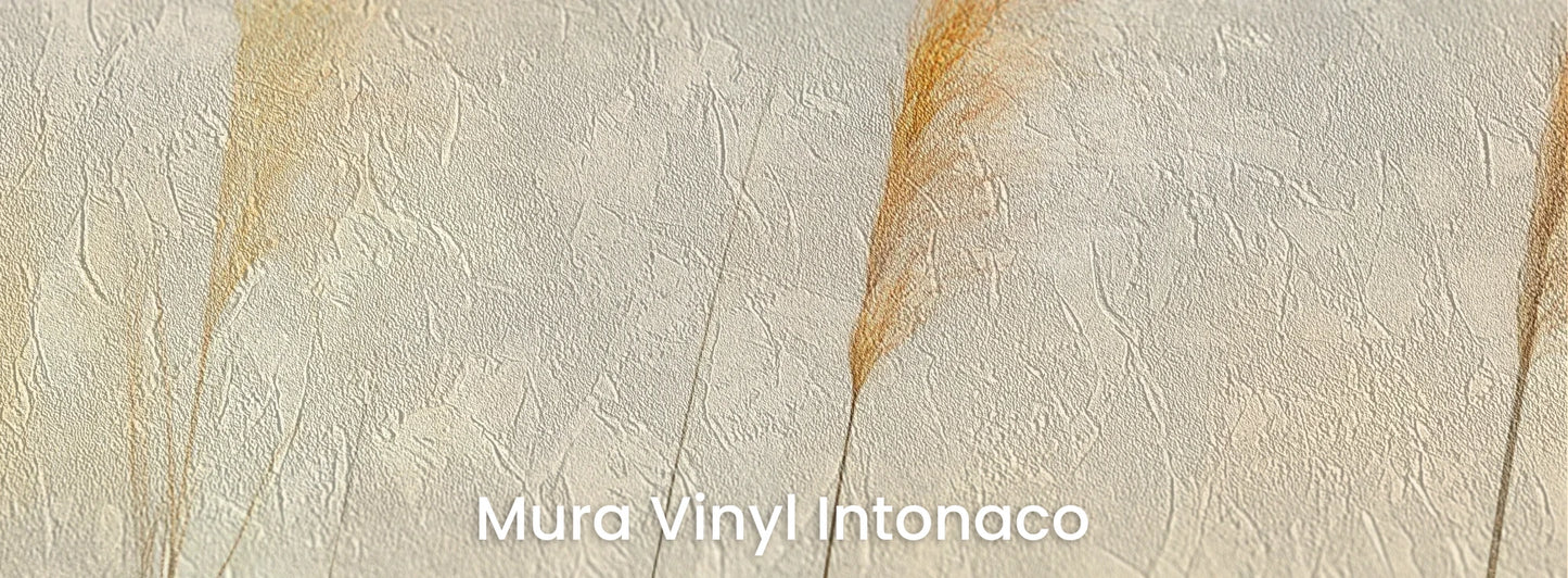 Zbliżenie na fototapetę TENDER LIGHT - tapeta z delikatnymi źdźbłami traw w złocistym świetle na podłożu o strukturze tartego tynku.