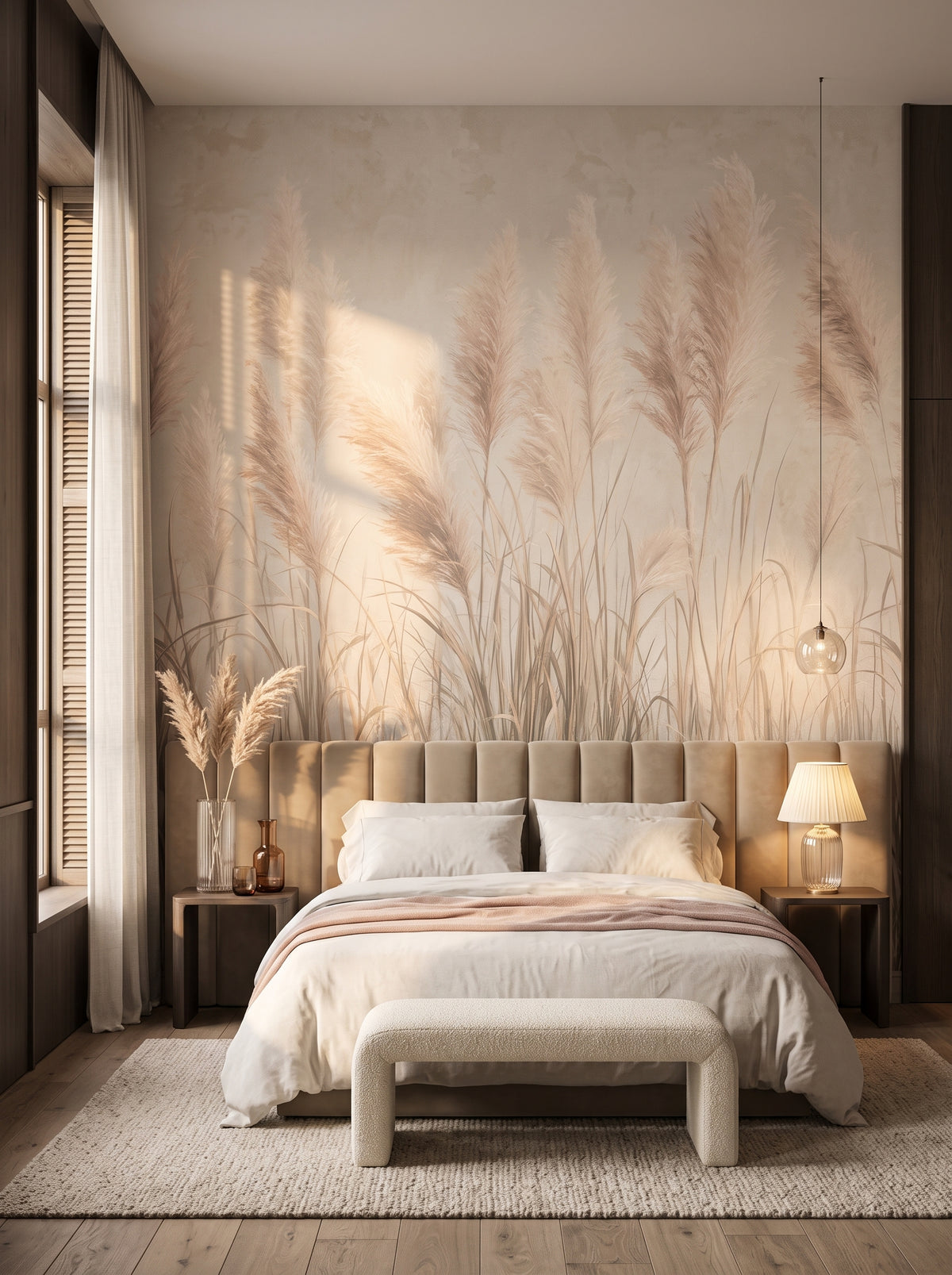 Fototapeta artystyczna o nazwie PAMPAS SERENITY w aranżacji wnętrza: sypialnia w apartamencie hotelu pięciogwiazdkowego.