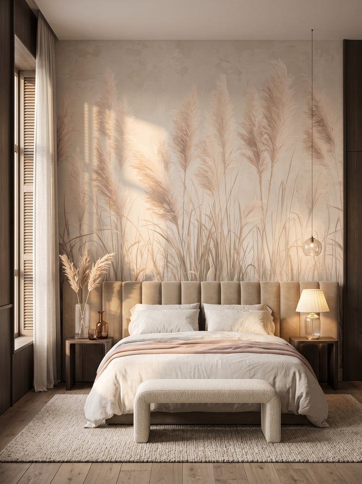 Fototapeta artystyczna o nazwie PAMPAS SERENITY w aranżacji wnętrza: sypialnia w apartamencie hotelu pięciogwiazdkowego.