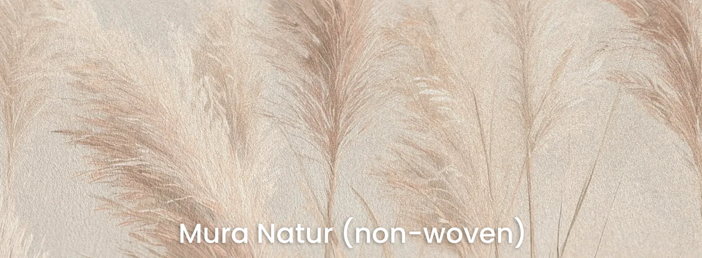 Zbliżenie na fototapetę PAMPAS SERENITY - tapeta z delikatnymi źdźbłami trawy pampasowej na naturalnym podłożu ekologicznym.